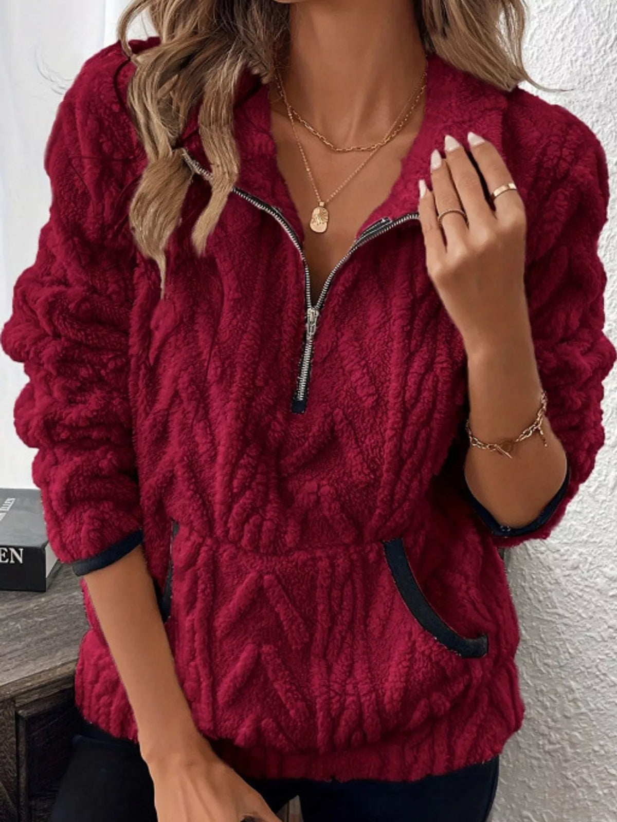 Women's Quarter-Zip Sherpa Sweatshirt in burgundy — front view