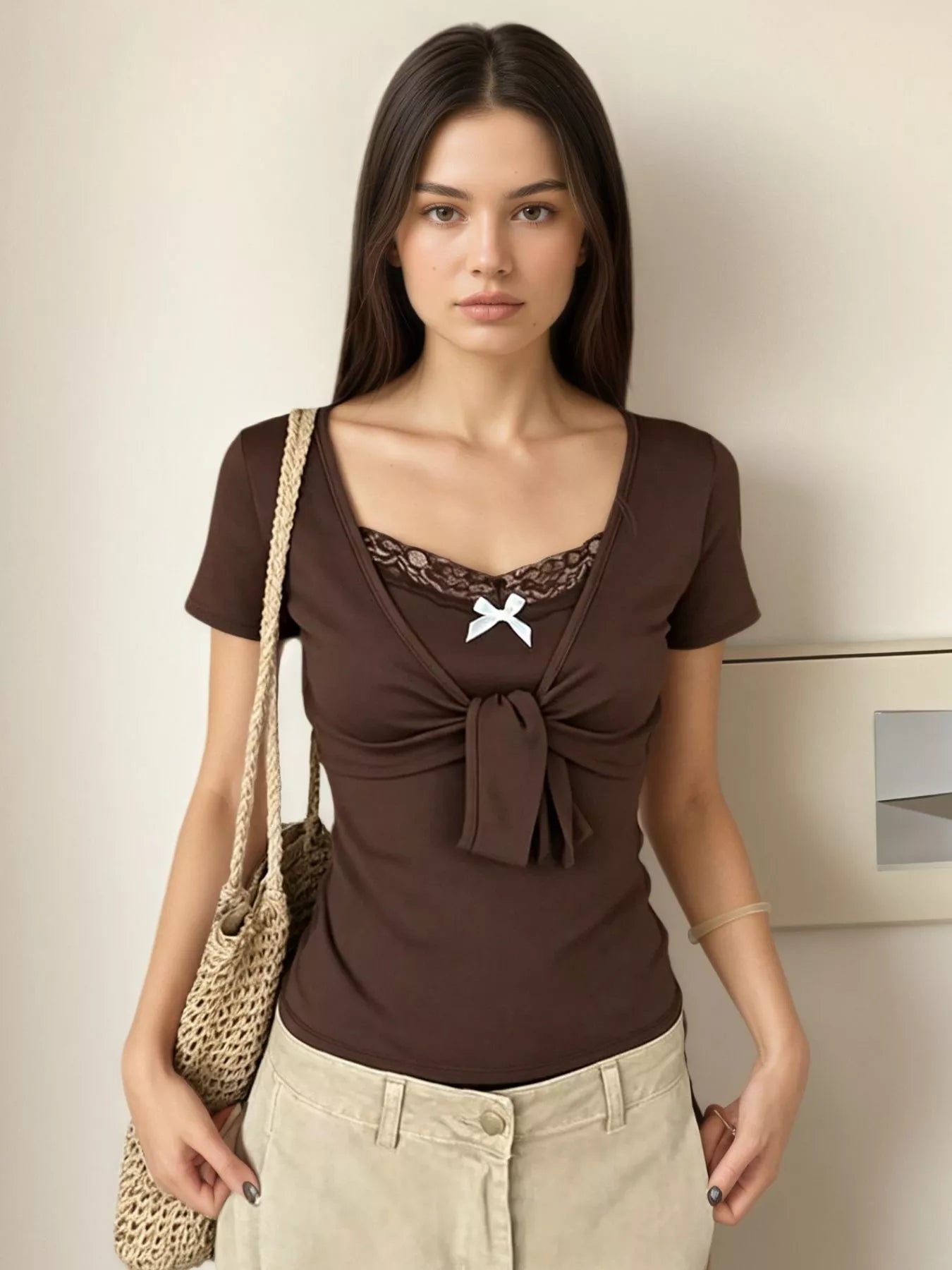 Trendsi Lace Trim Bow Detail T-Shirt -