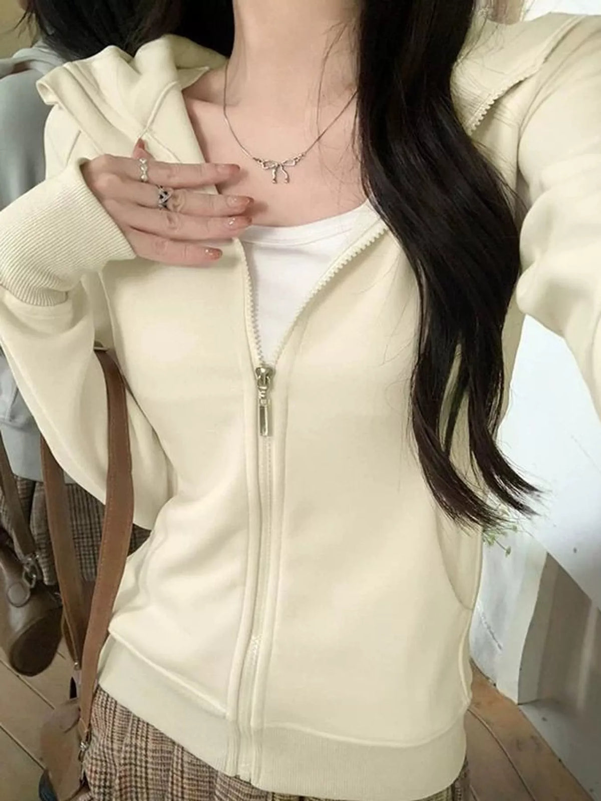 Cream slim fit full zip hoodie, front view