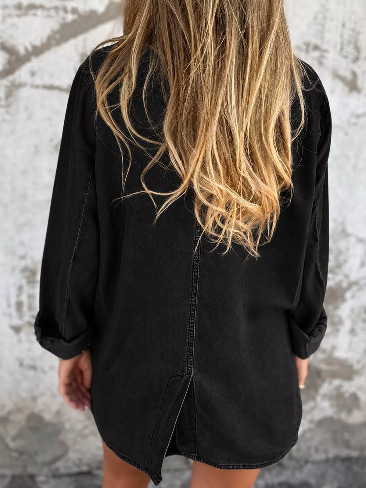 Lapel Collar Long Sleeve Denim Blazer, back view in black