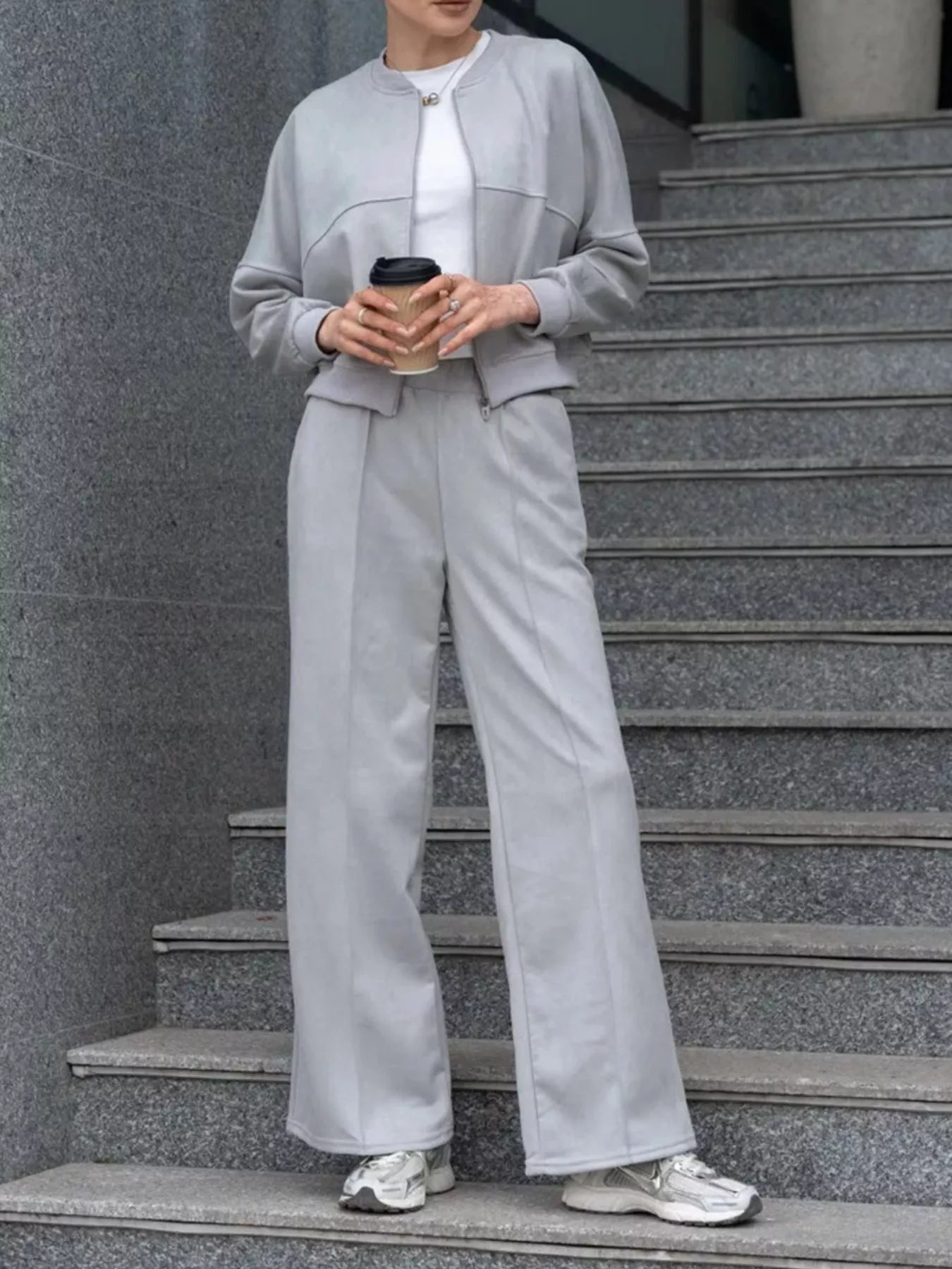 Trendsi Zip Up Sweatshirt and Wide-Leg Pants Set -