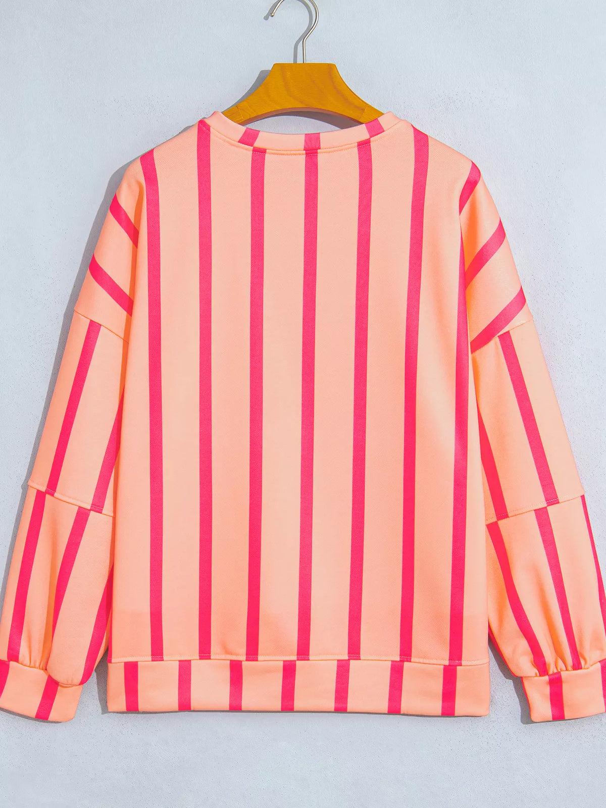 Watermelon pink stripe dropped shoulder round neck sweatshirt, back view