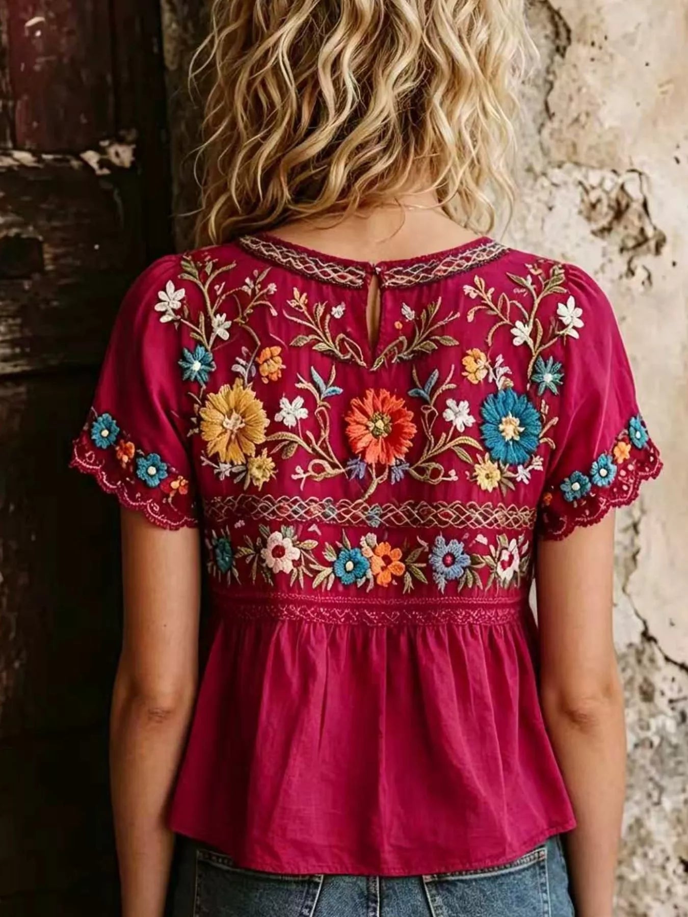 Trendsi Plus Size Embroidered Floral Short Sleeve Top -