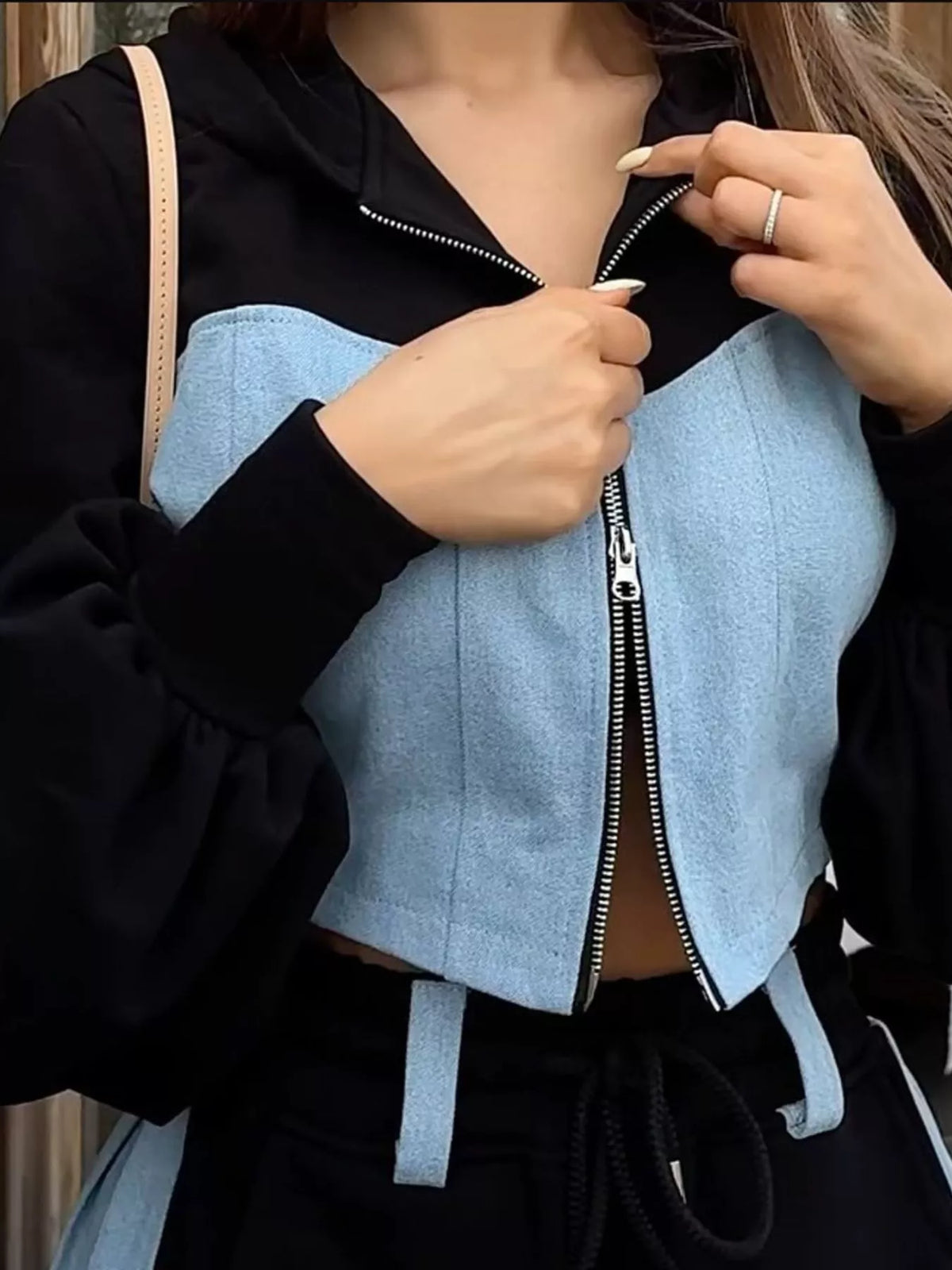 Navy and light blue color-block zip-up hoodie and wide-leg pants set — design and construction details
