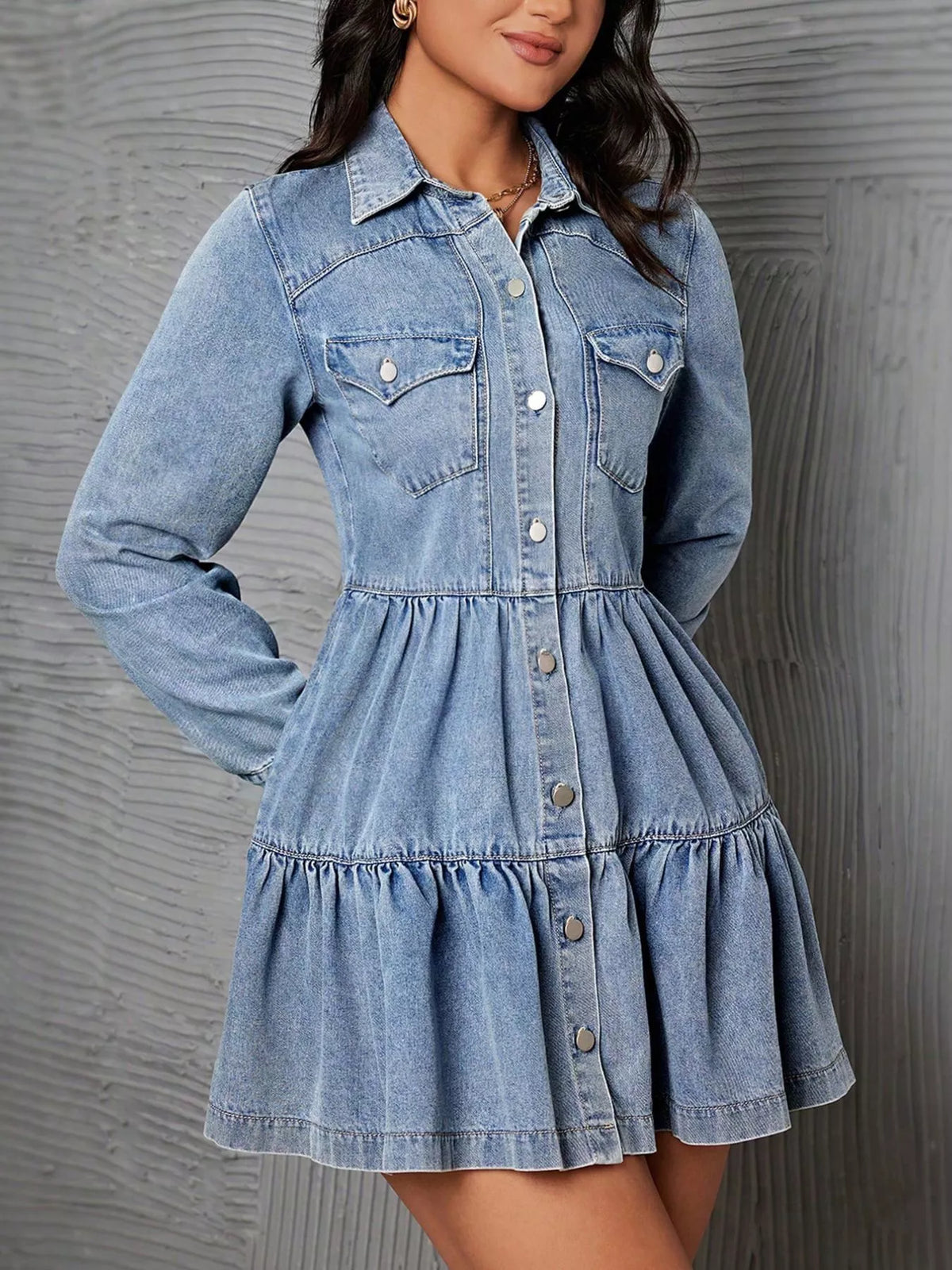 Tiered denim dress, blue side