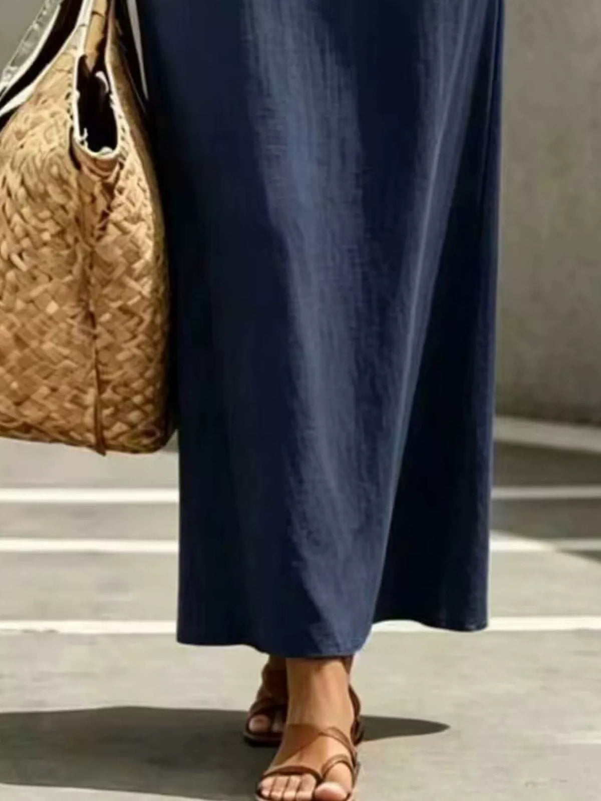 Navy balloon-sleeve maxi dress, skirt detail