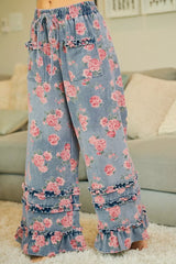 Trendsi BiBi Washed Floral Denim With Ruffle Elastic Wide Pants - Pants