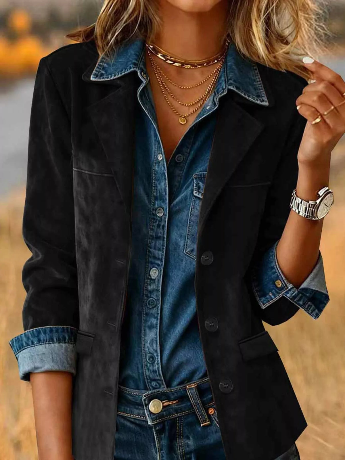 Black lapel collar button-up blazer — front view