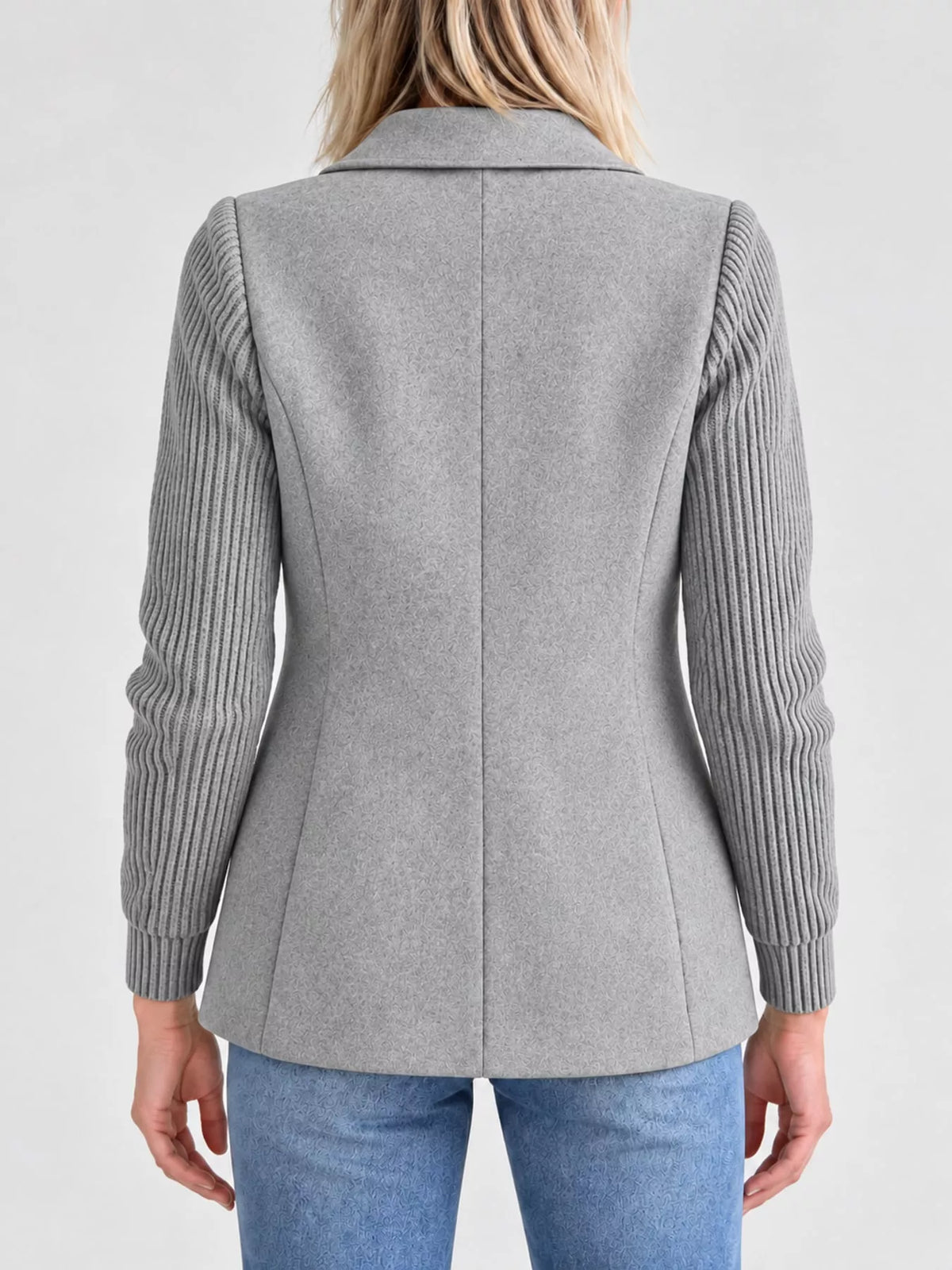 Gray double-breasted lapel collar blazer — back view