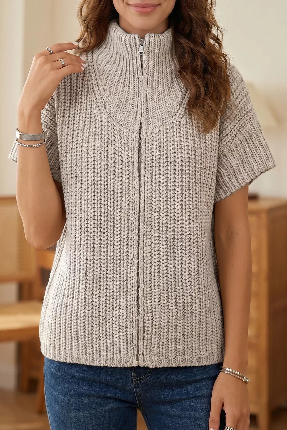 Trendsi Solid Color Short Sleeve Zipper Knit High Neck Sweater -