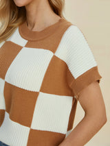 Trendsi Double Take Full Size Checkered Round Neck Short Sleeve Sweater -