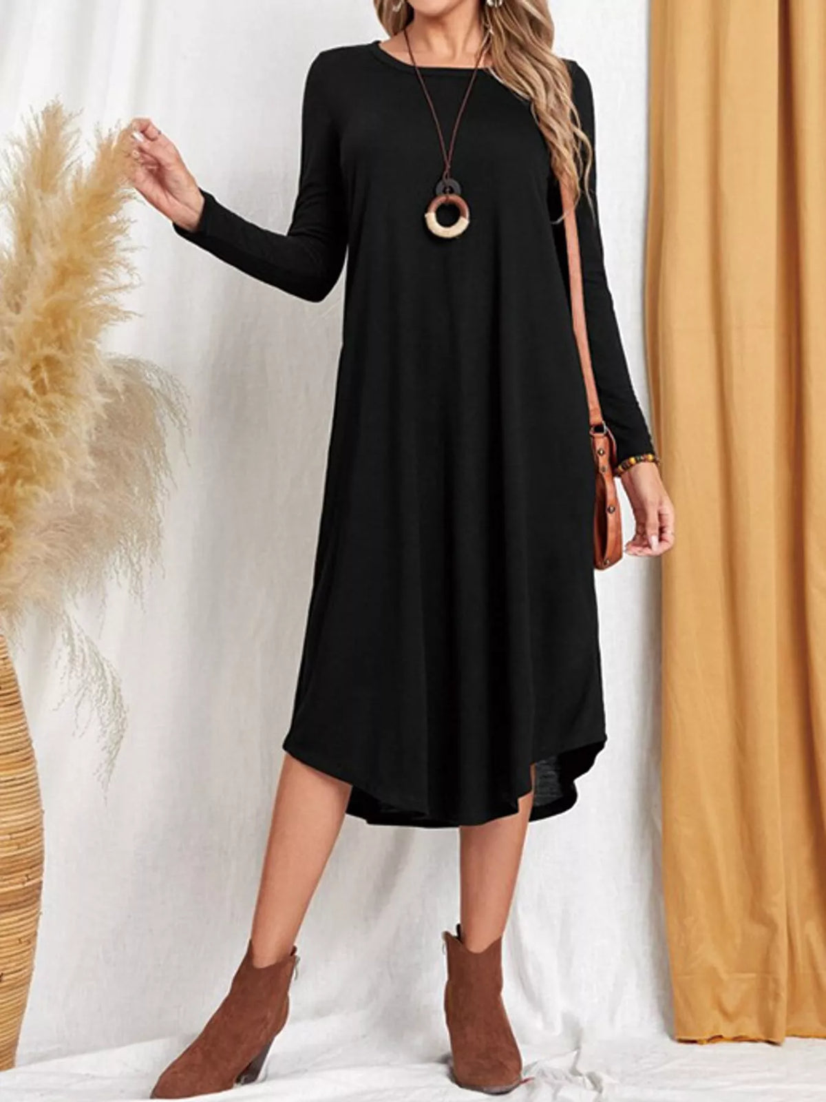 Round neck long sleeve midi dress, front view on model