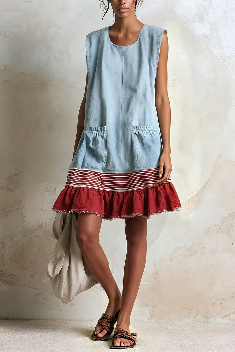 Light blue and burgundy ruffled-hem sleeveless dress, front view