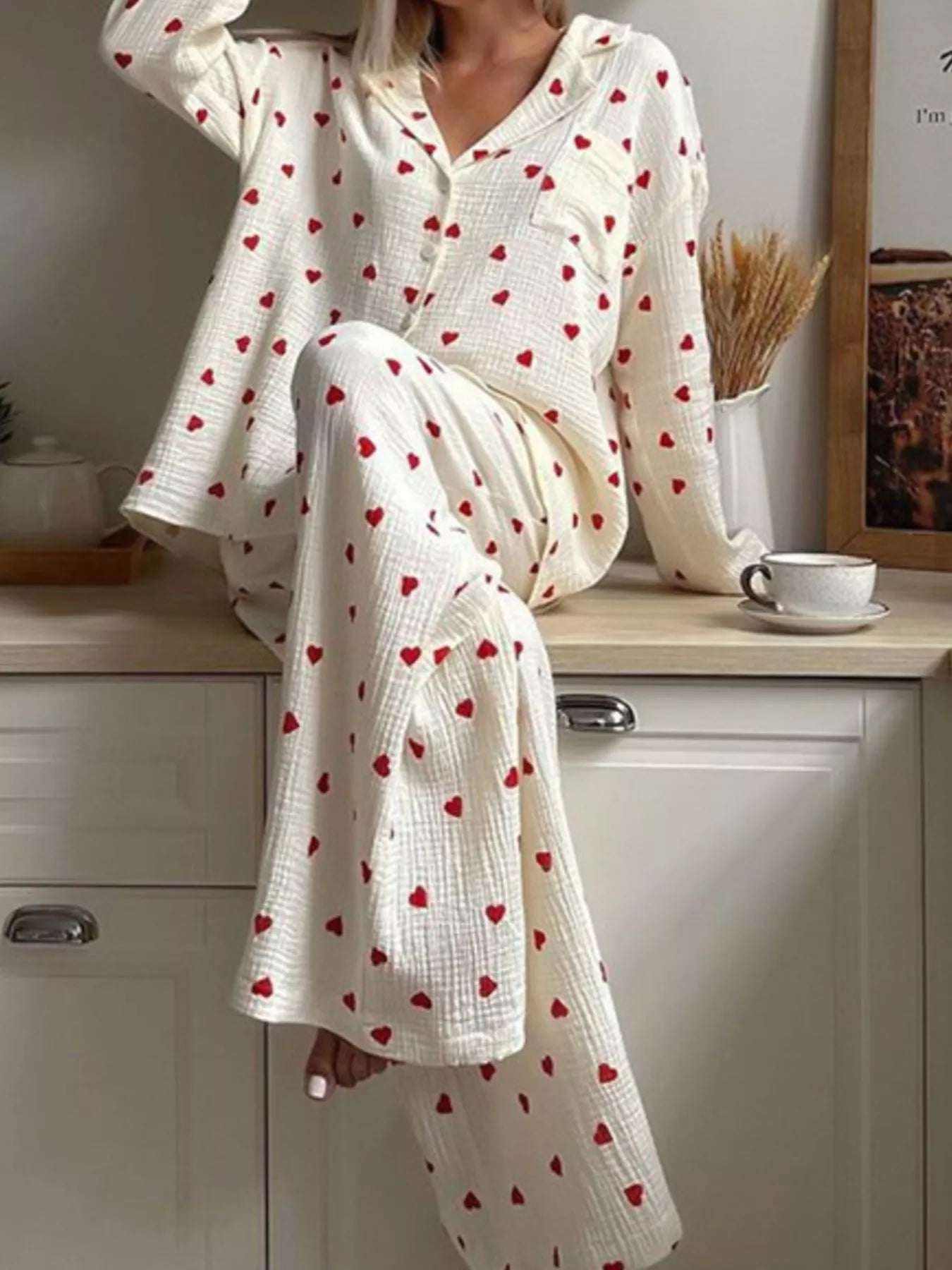 Trendsi Heart Print Button Up Top and Pants Lounge Set -