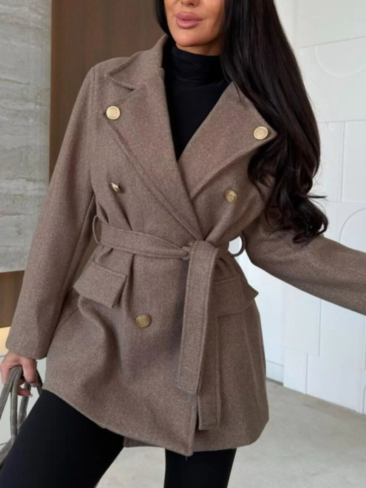 Mocha double-breasted belted wool-blend coat