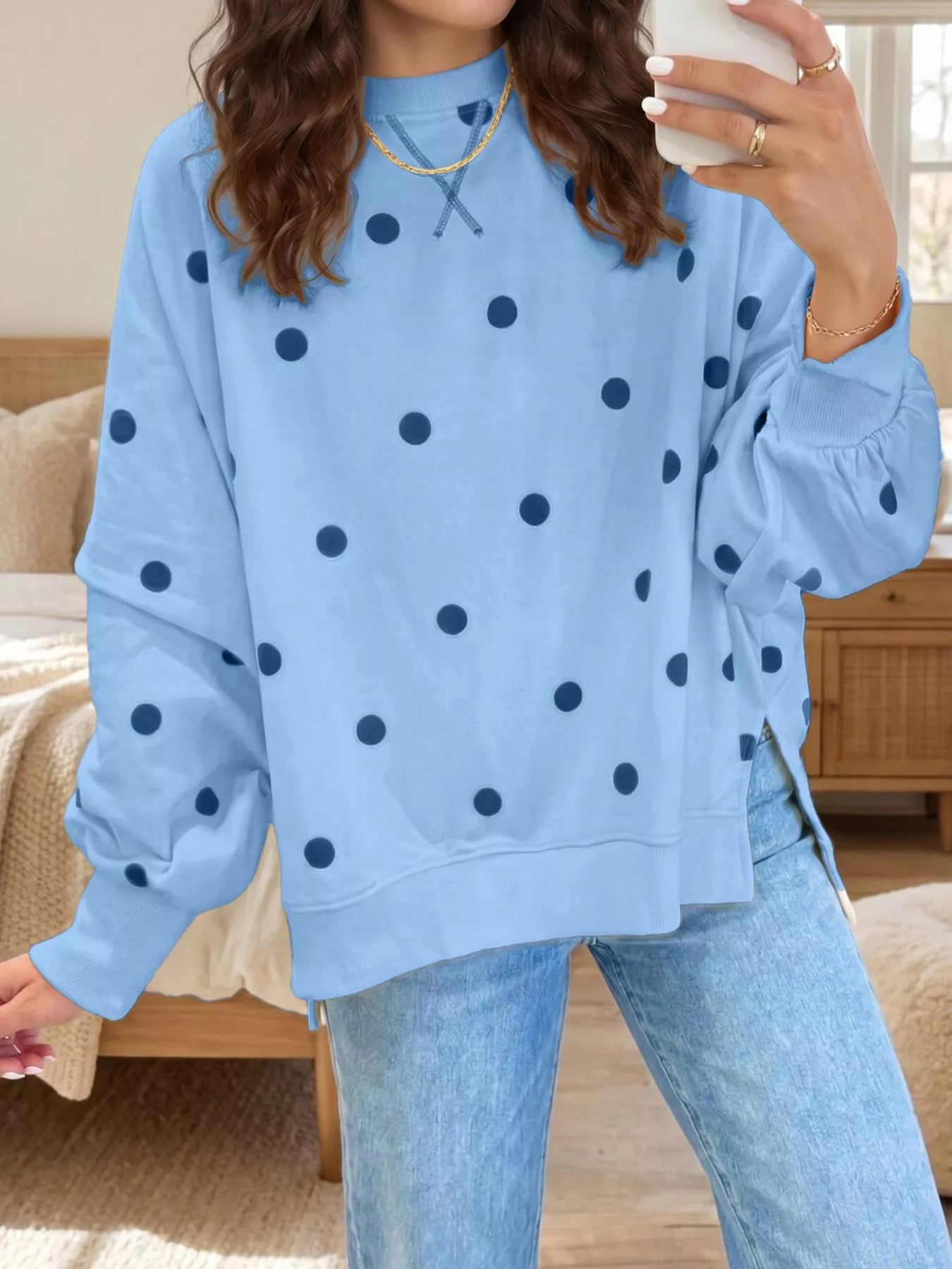 Trendsi Side Slit Polka Dot Oversized Sweatshirt -