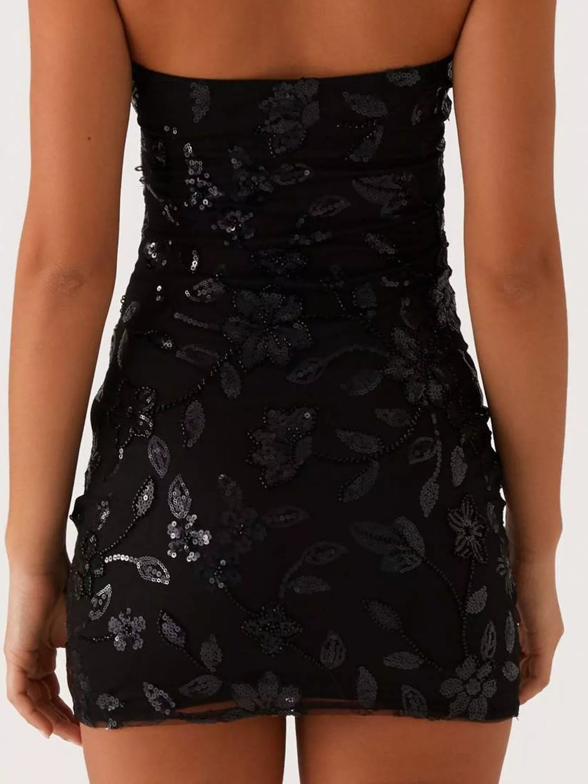 strapless mini dress, back view