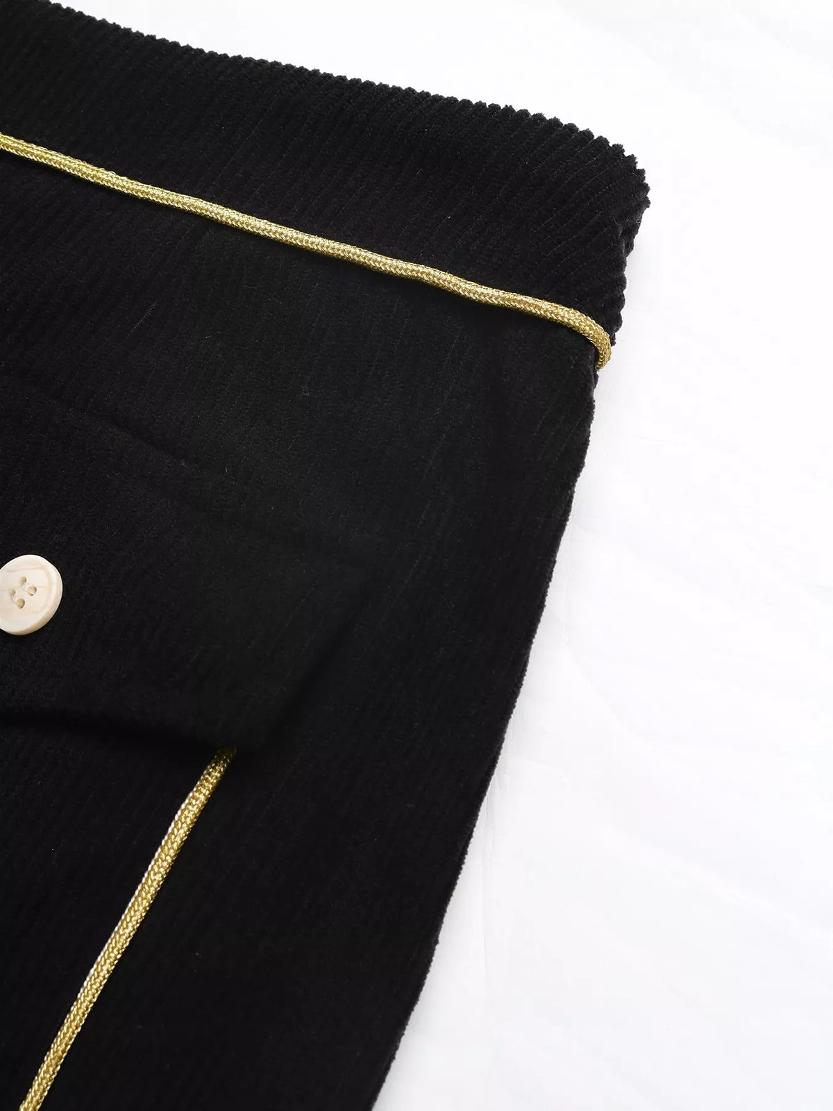 Black corduroy button-front midi skirt, waist seam detail