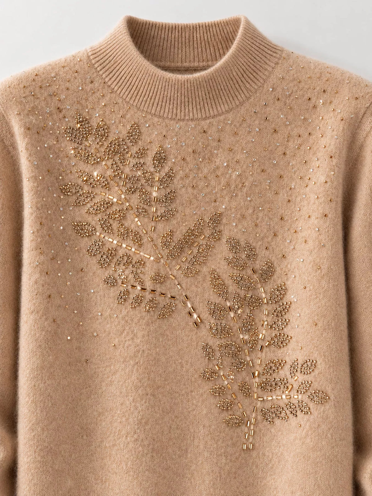 Rhinestone Leaf Mock Neck Sweater — construction details