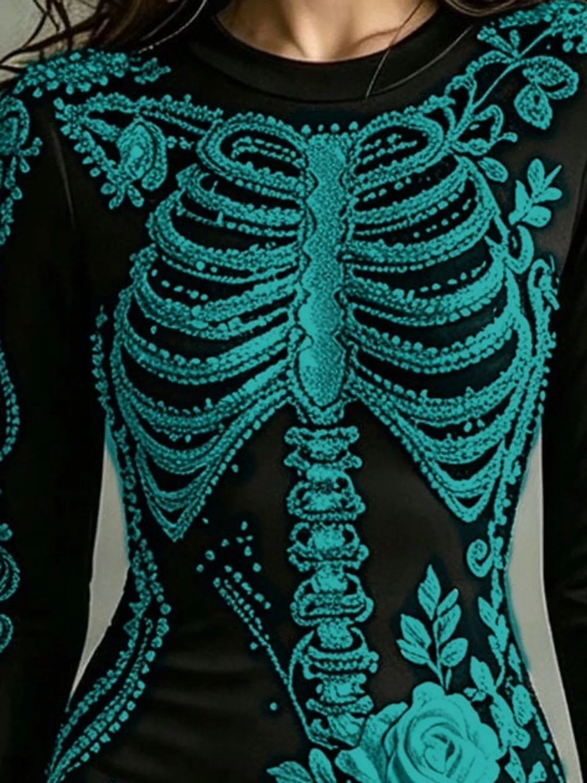Floral skeleton dress, teal skeleton print detail
