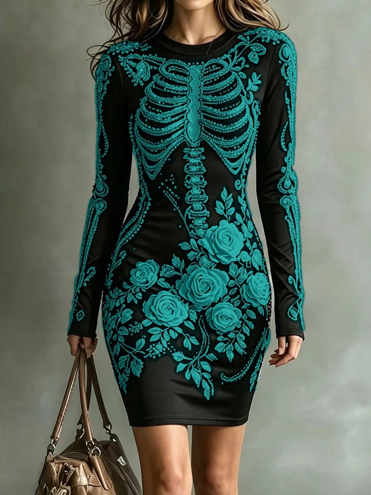 Floral skeleton dress, black with teal print front