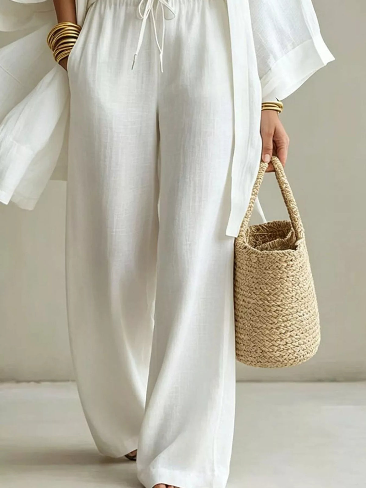 V-Neck Top, Cardigan and Pants Three-Piece Set in white, construction detail