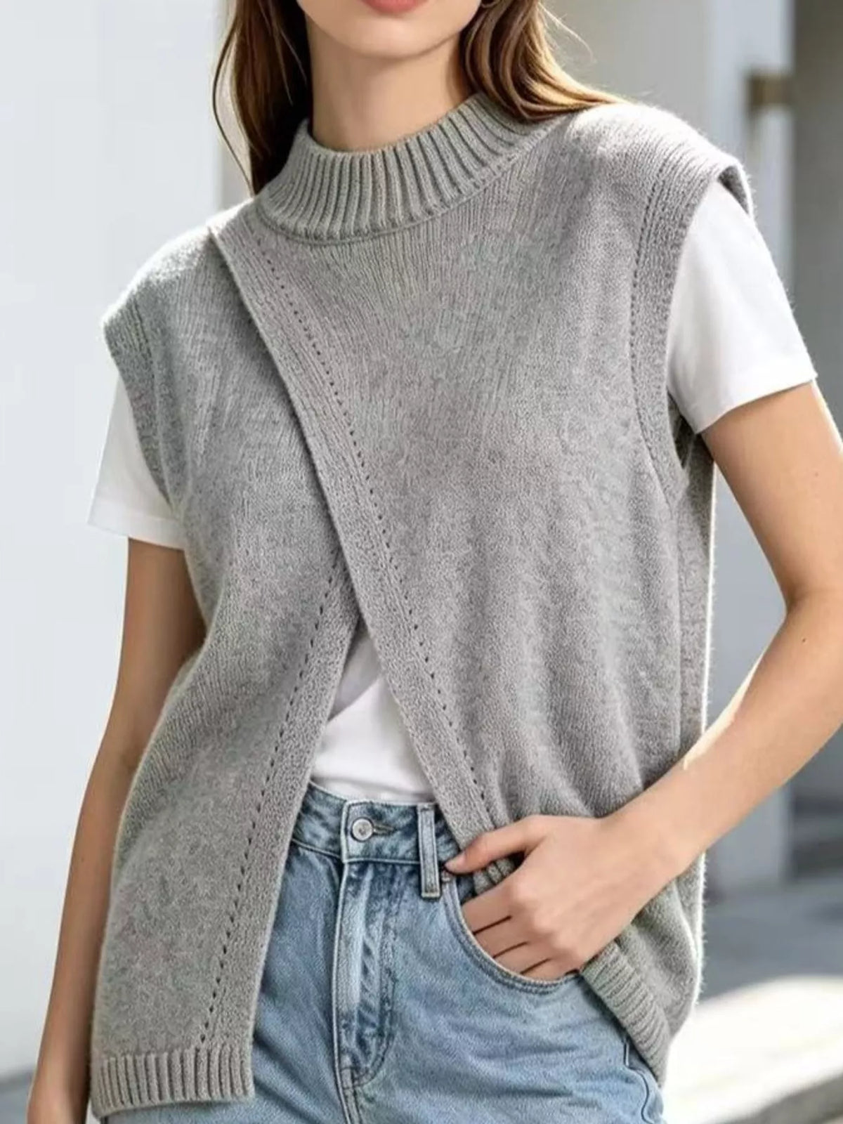 Mock Neck Asymmetrical Hem Knit Sweater Vest in gray