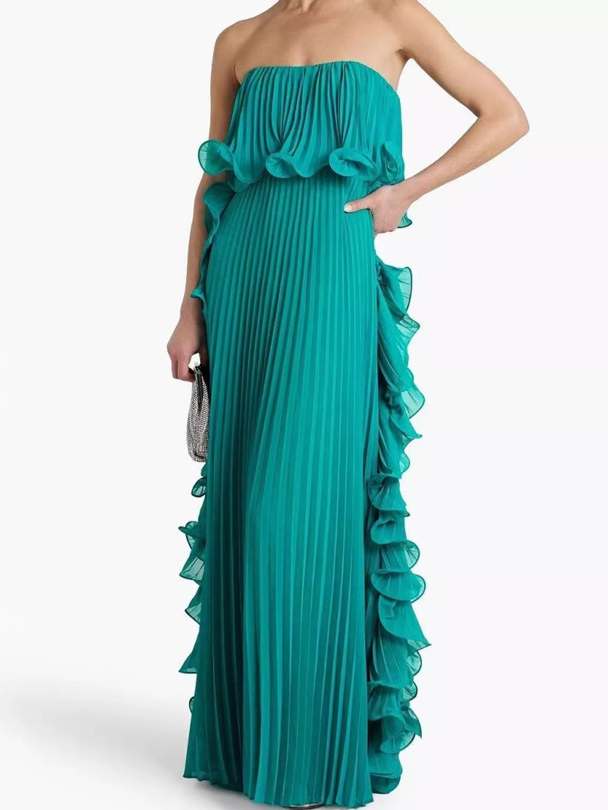 Ruffled Strapless Pleated Maxi Dress — front view