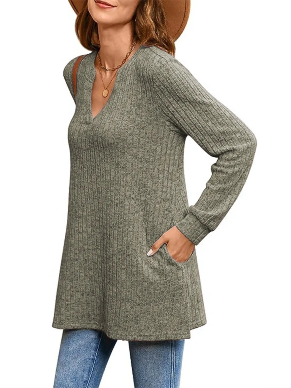 Trendsi Ribbed Notched Long Sleeve T-Shirt -