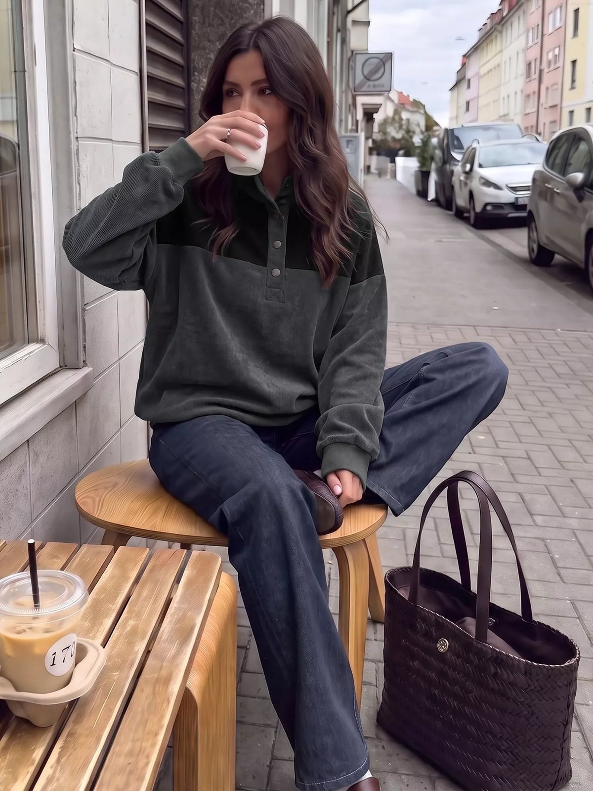 Color-Block Corduroy Quarter-Snap Sweatshirt — front view