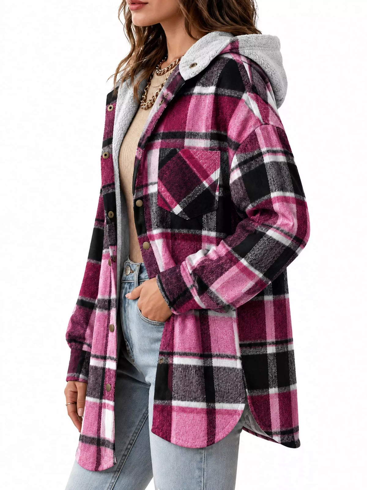 Pink plaid hooded button up jacket