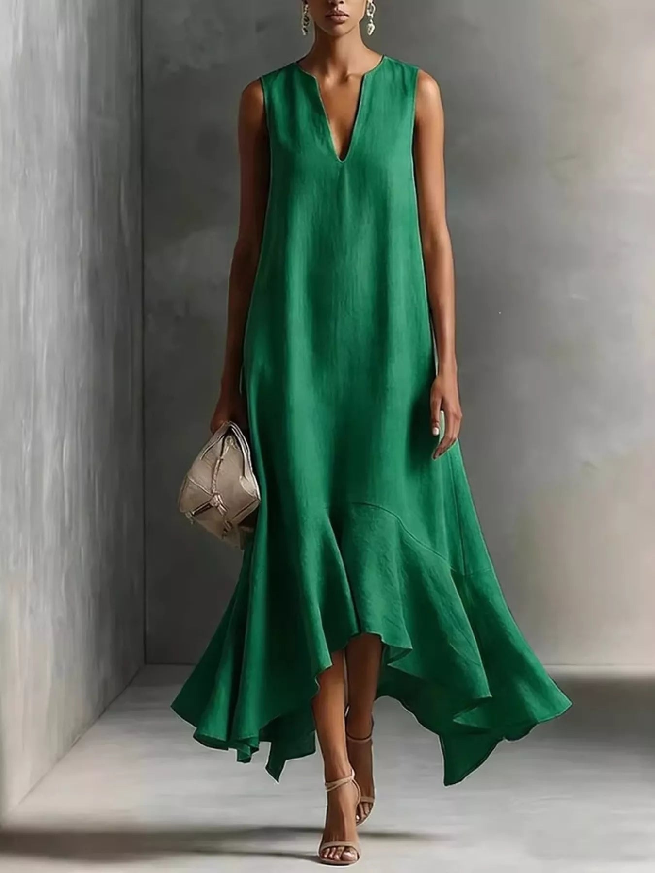 Trendsi Ruffled Hem Sleeveless Notched Dress -