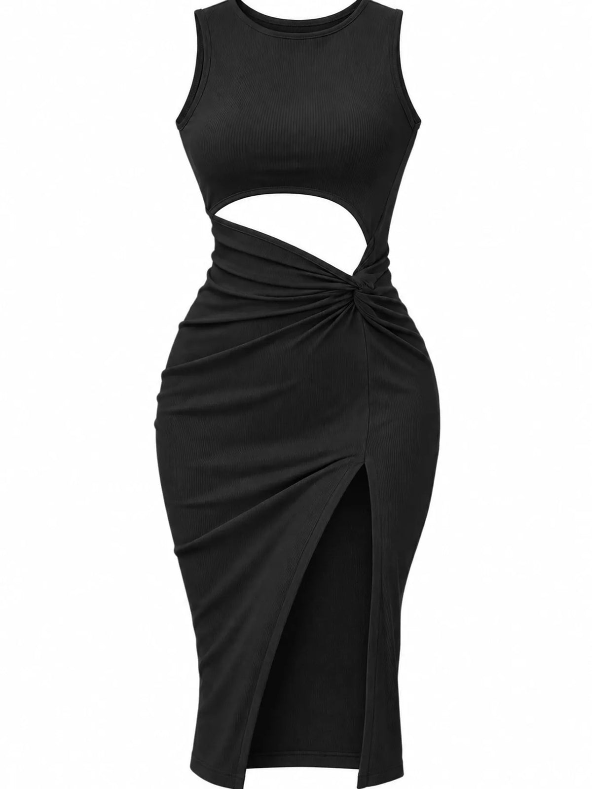 Women's Sleeveless Cut-Out Ruched High-Slit Bodycon Dress in black — flat lay view