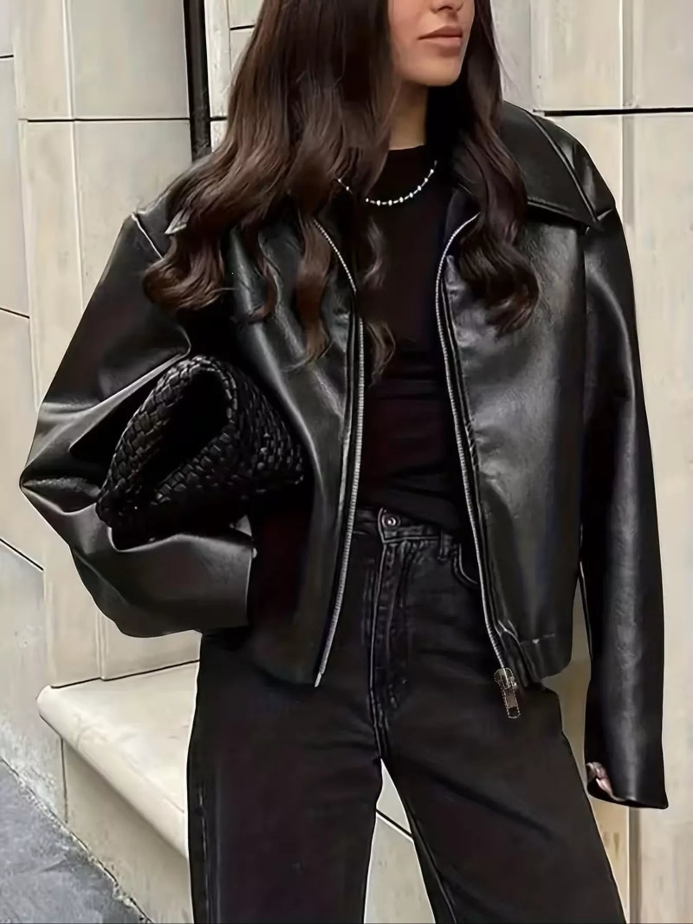 Trendsi Oversized Faux Leather Zip Up Moto Jacket -