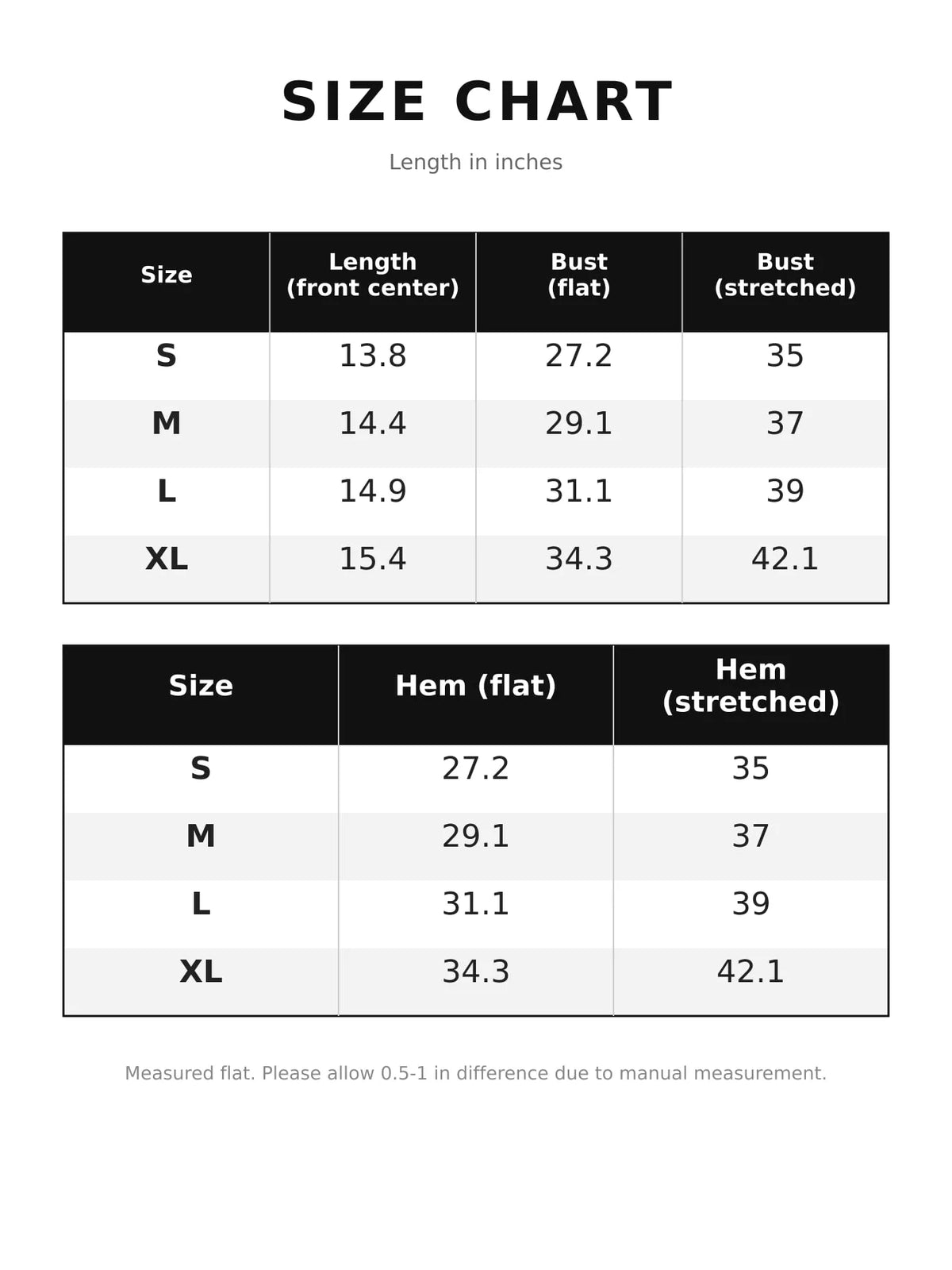 Lace camisole, size chart