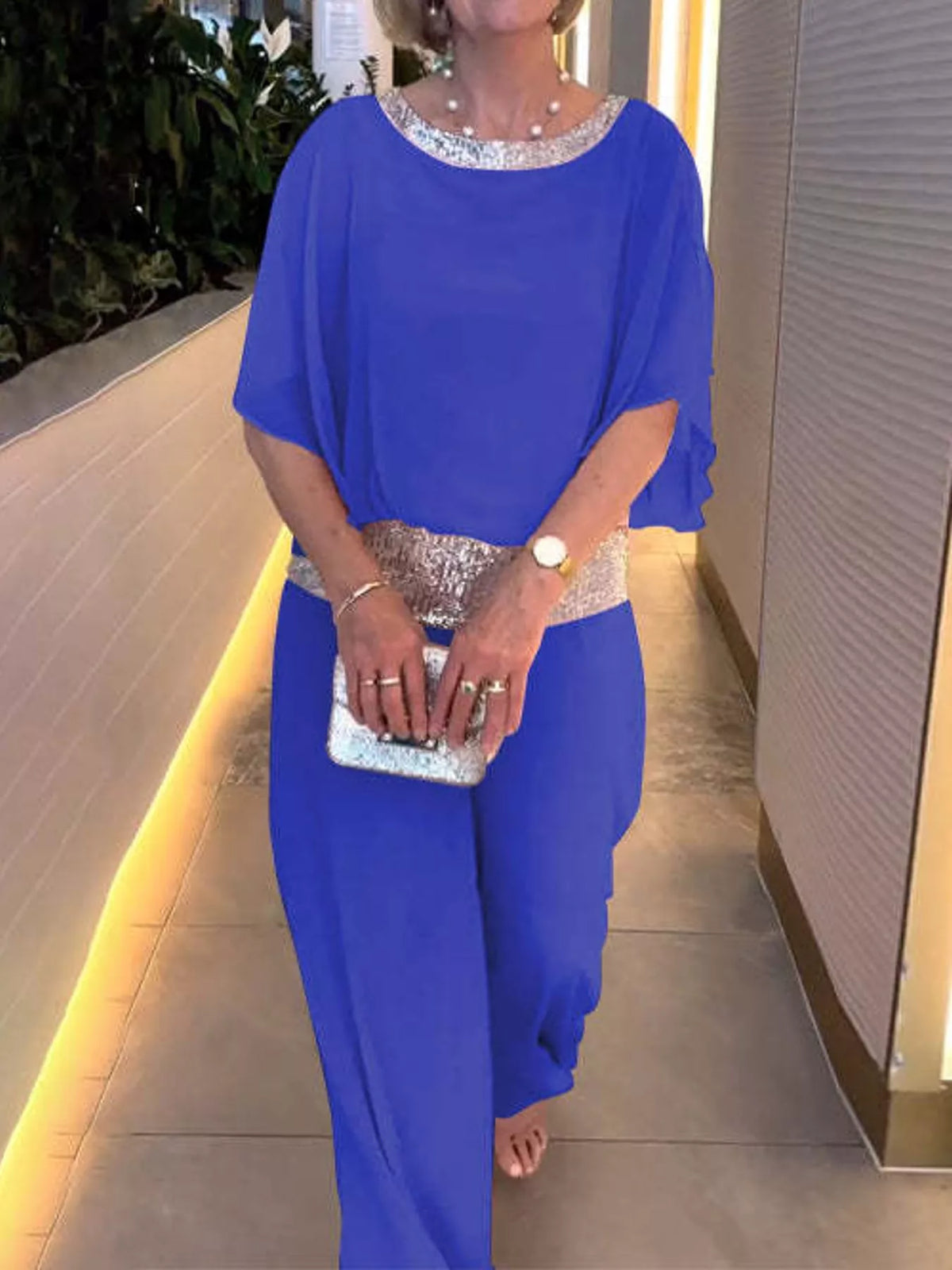 Chiffon Top and Wide-Leg Pants Set — front view
