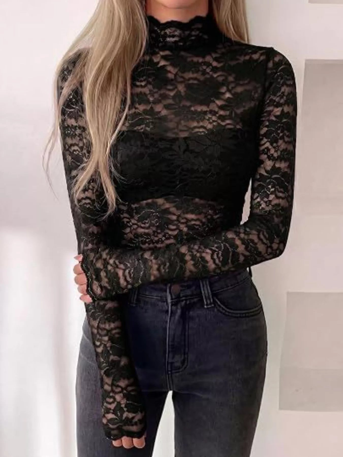 Trendsi Lace Mock Neck Long Sleeve Top -