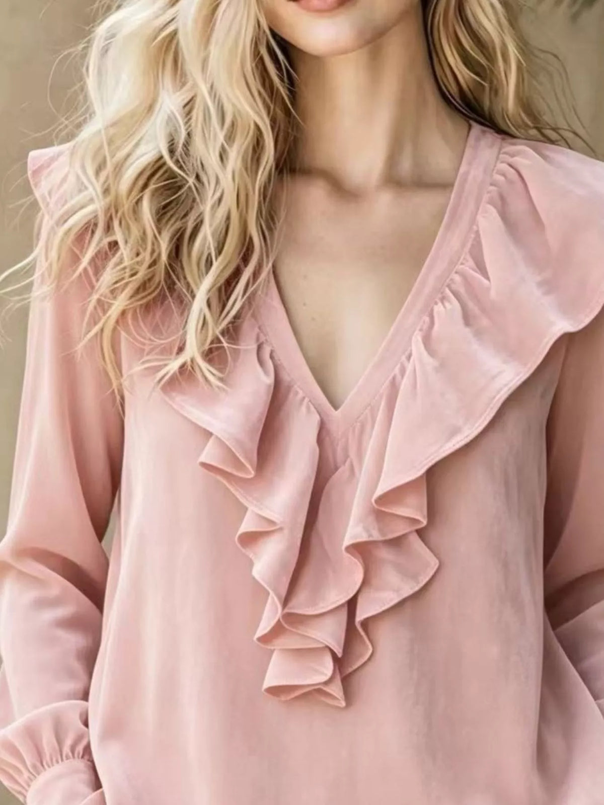 Dusty Pink Velvet Ruffled V-Neck Long Sleeve Blouse neckline detail