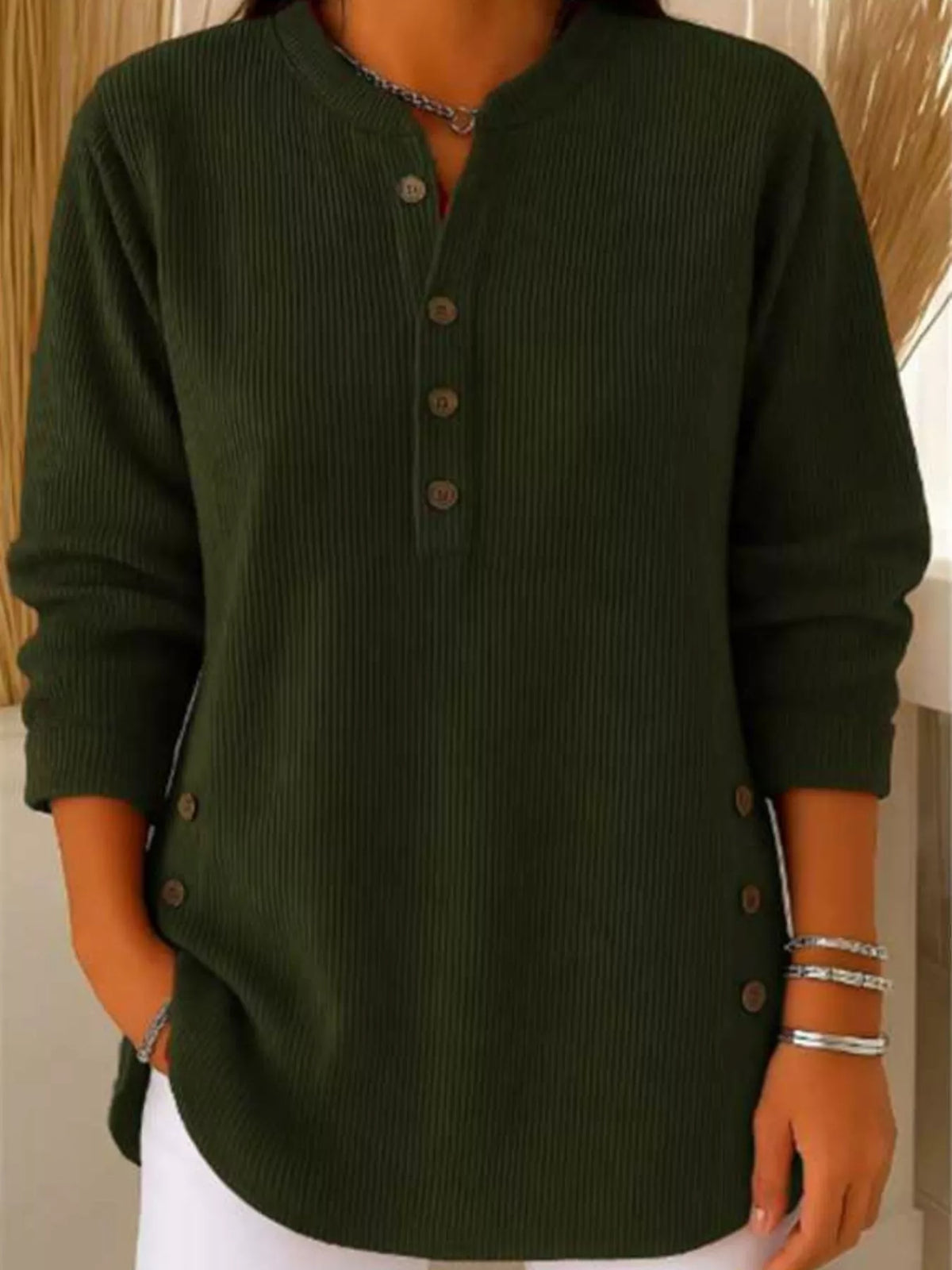 Women's Button Detail Corduroy Top in Green, front view