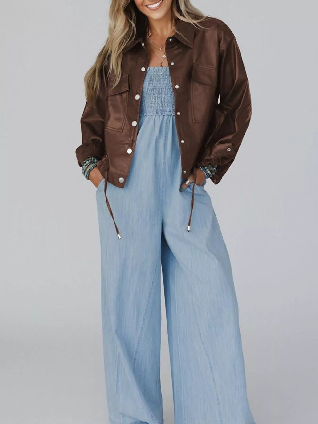 Trendsi Double Flap Pocket Drawstring Hem Leather Jacket -
