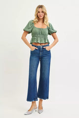 Trendsi RISEN Tummy Control 4 Way Stretch High Rise Crop Wide Leg Jeans -