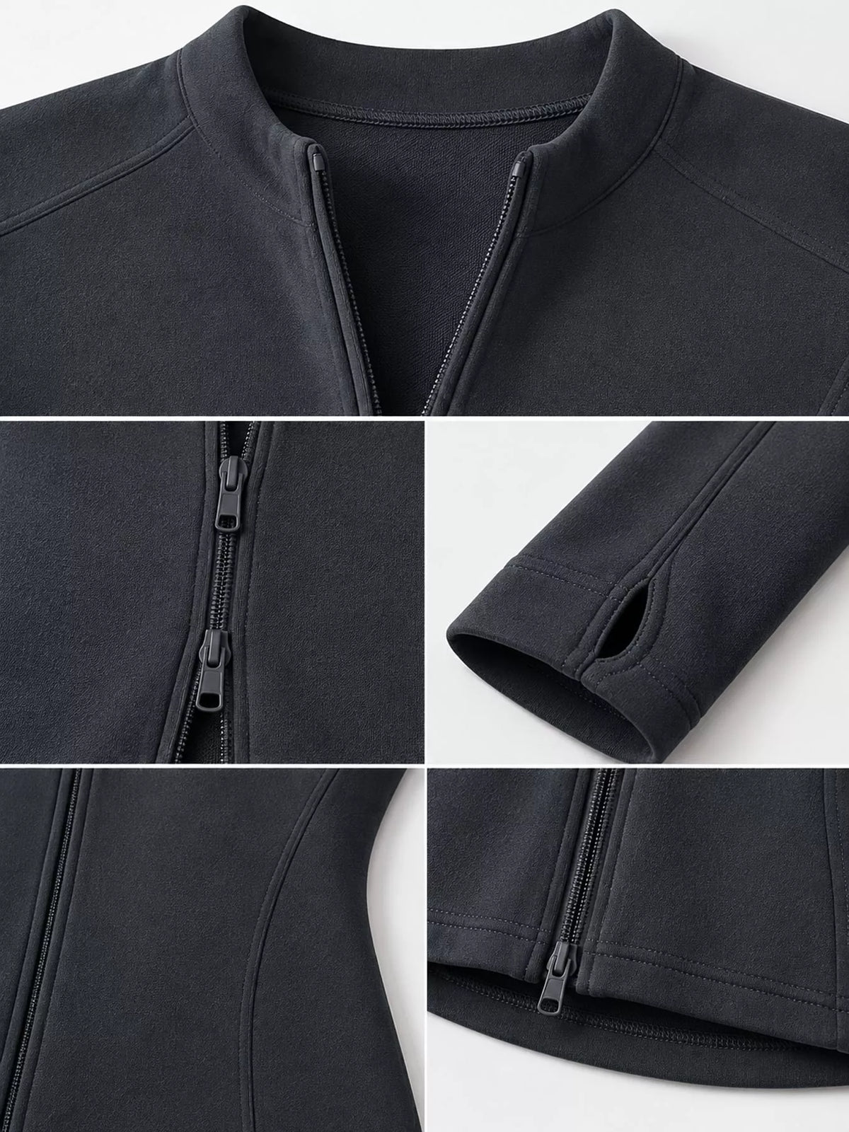 Charcoal slim-fit zip-up long sleeve jacket — design and construction details