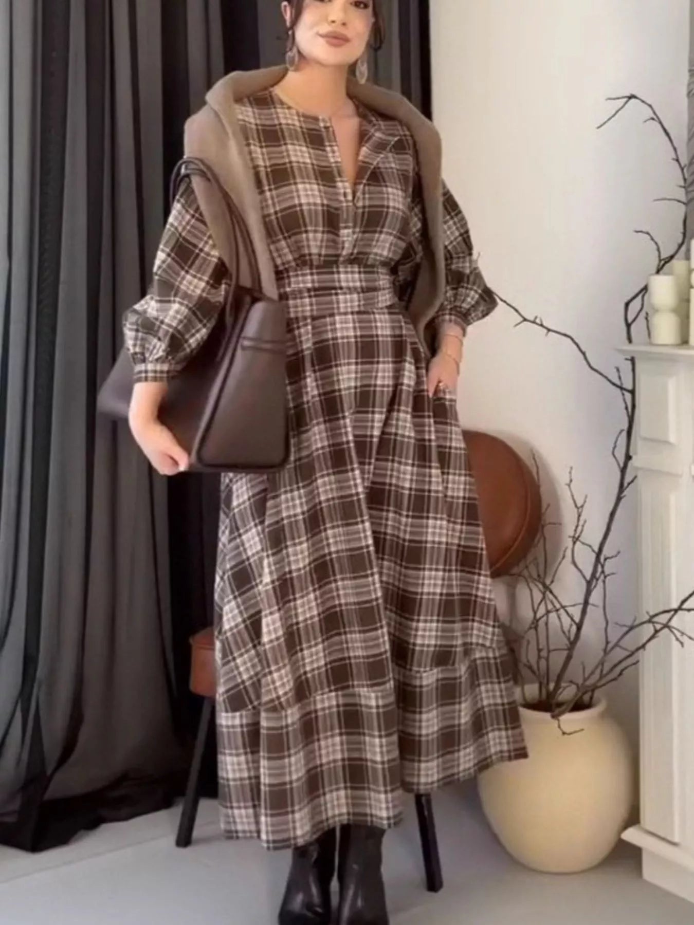 Trendsi Vintage Plaid Puff Sleeve Midi Dress -