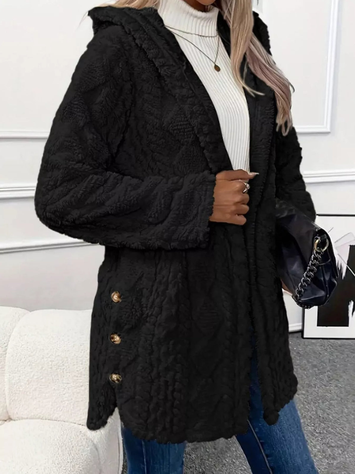 Black cable knit faux fur hooded jacket