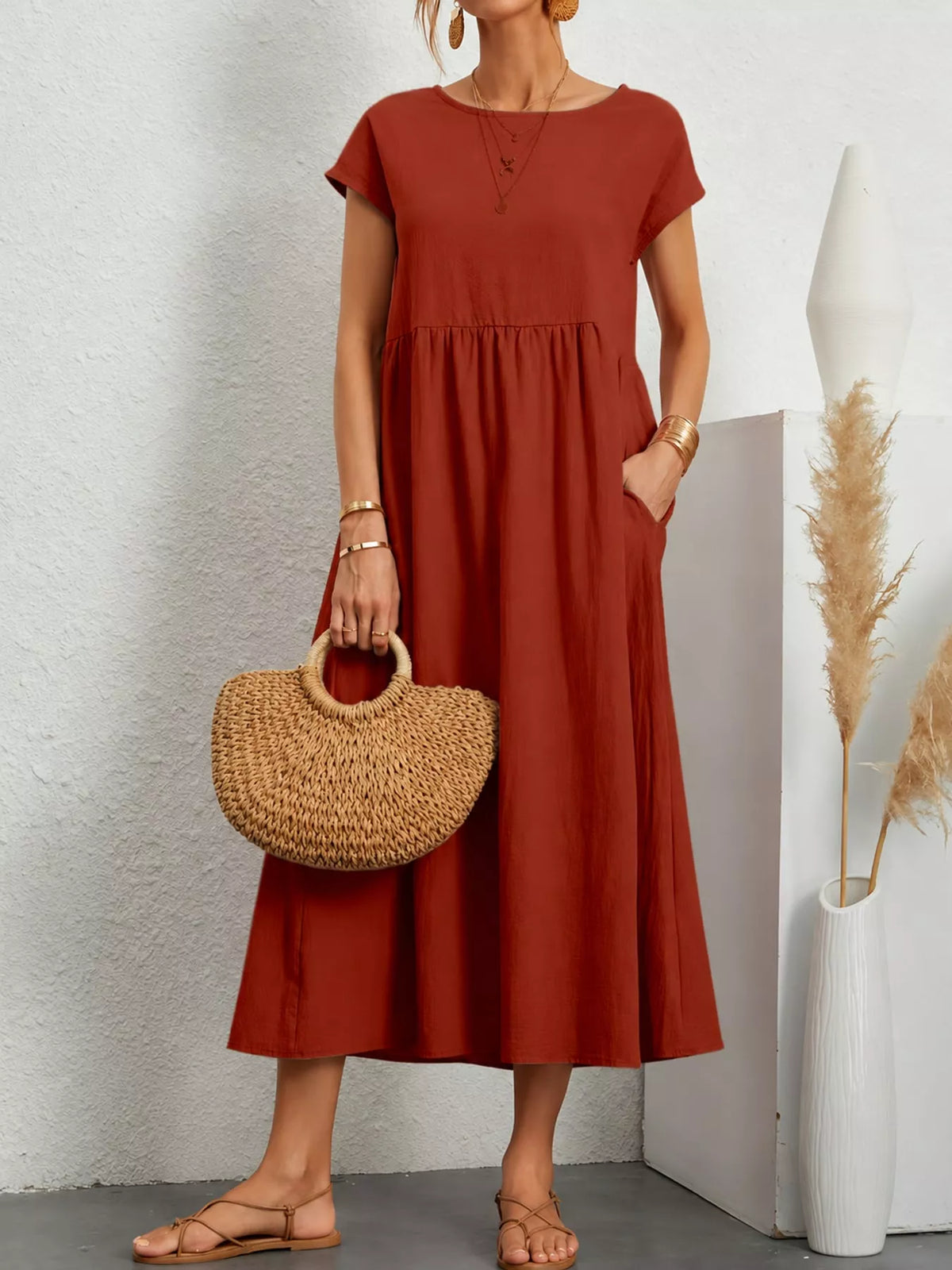 Round neck short sleeve midi dress, front view on model