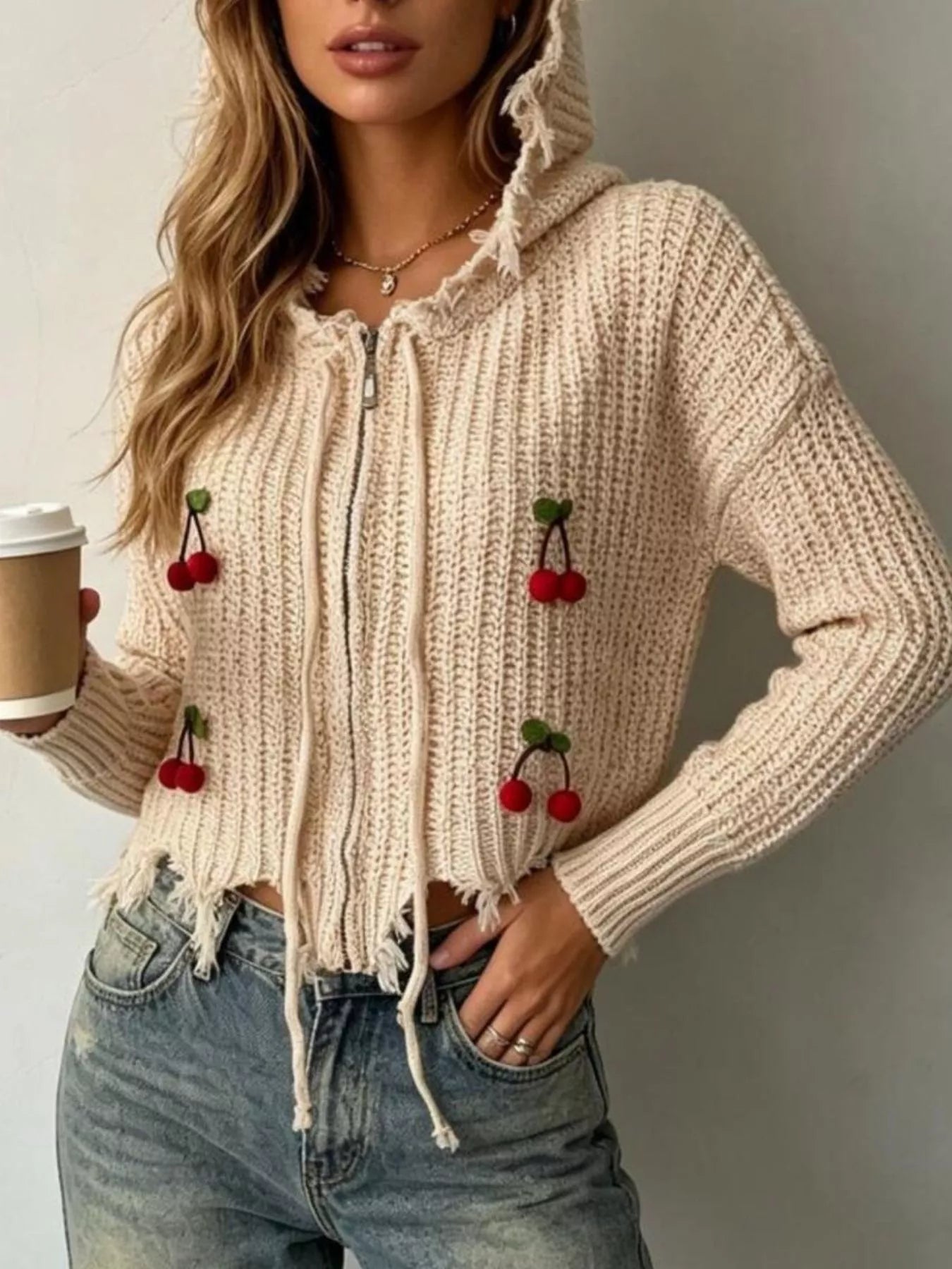 Trendsi Cherry Knit Zip-Up Hooded Sweater -