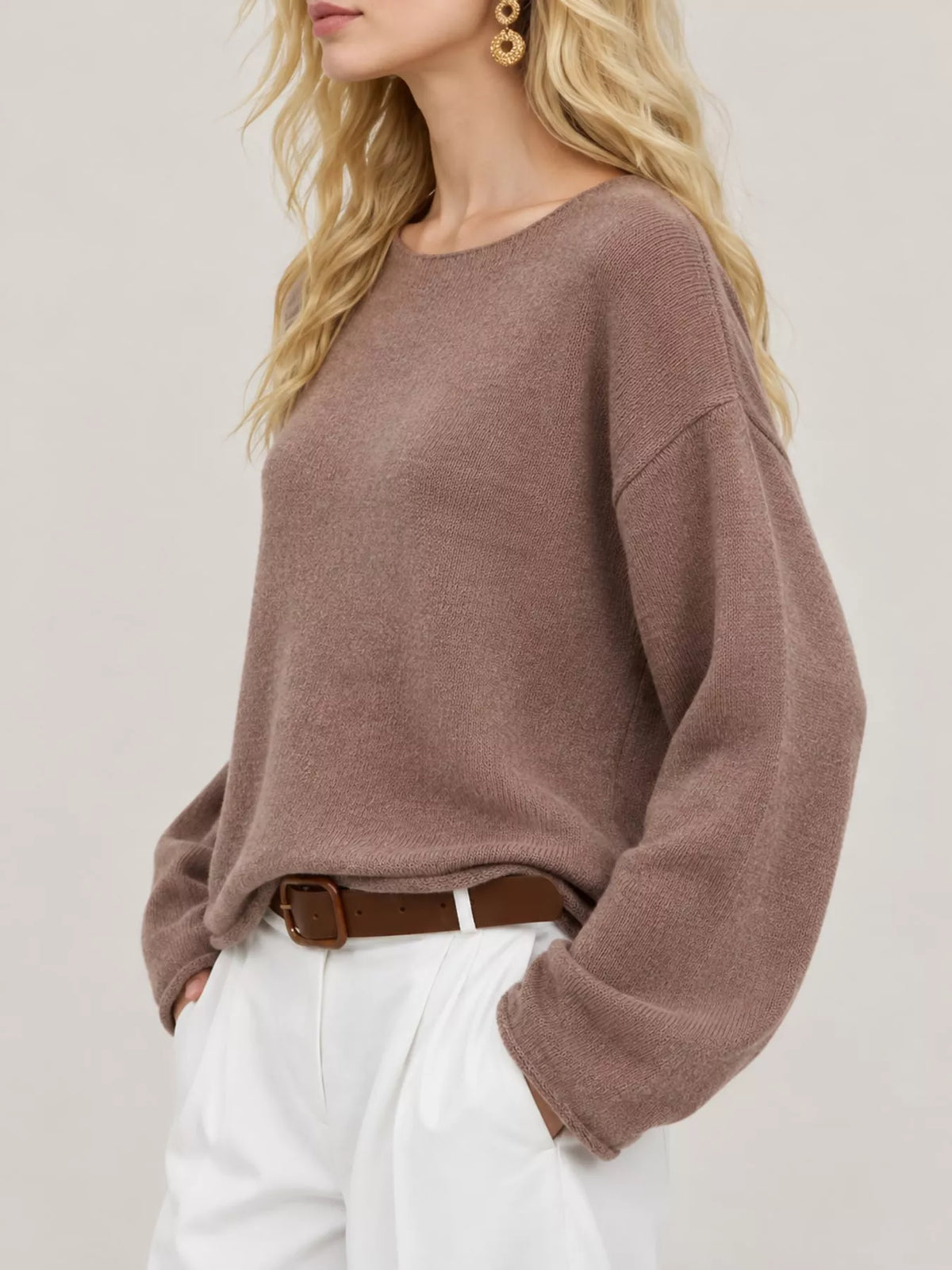 Taupe sheer openwork knit long sleeve top