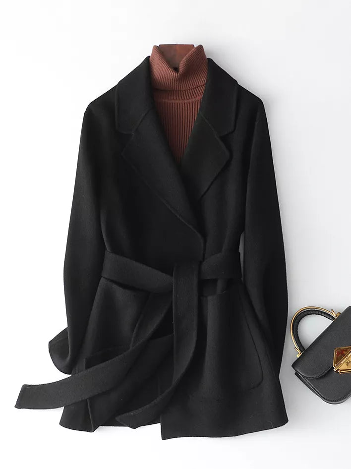 Black belted double-sided wool coat
