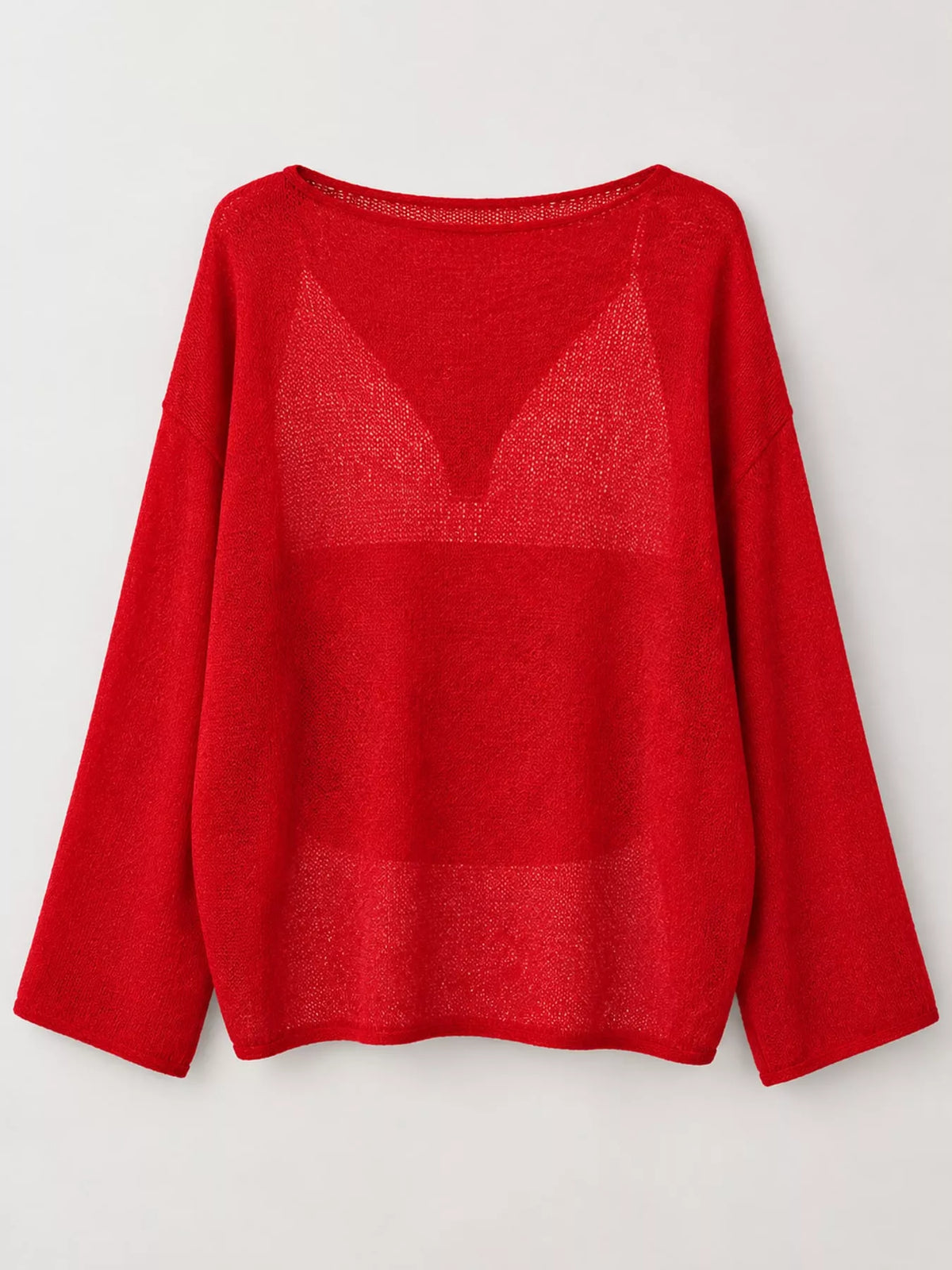 Red sheer openwork knit long sleeve top