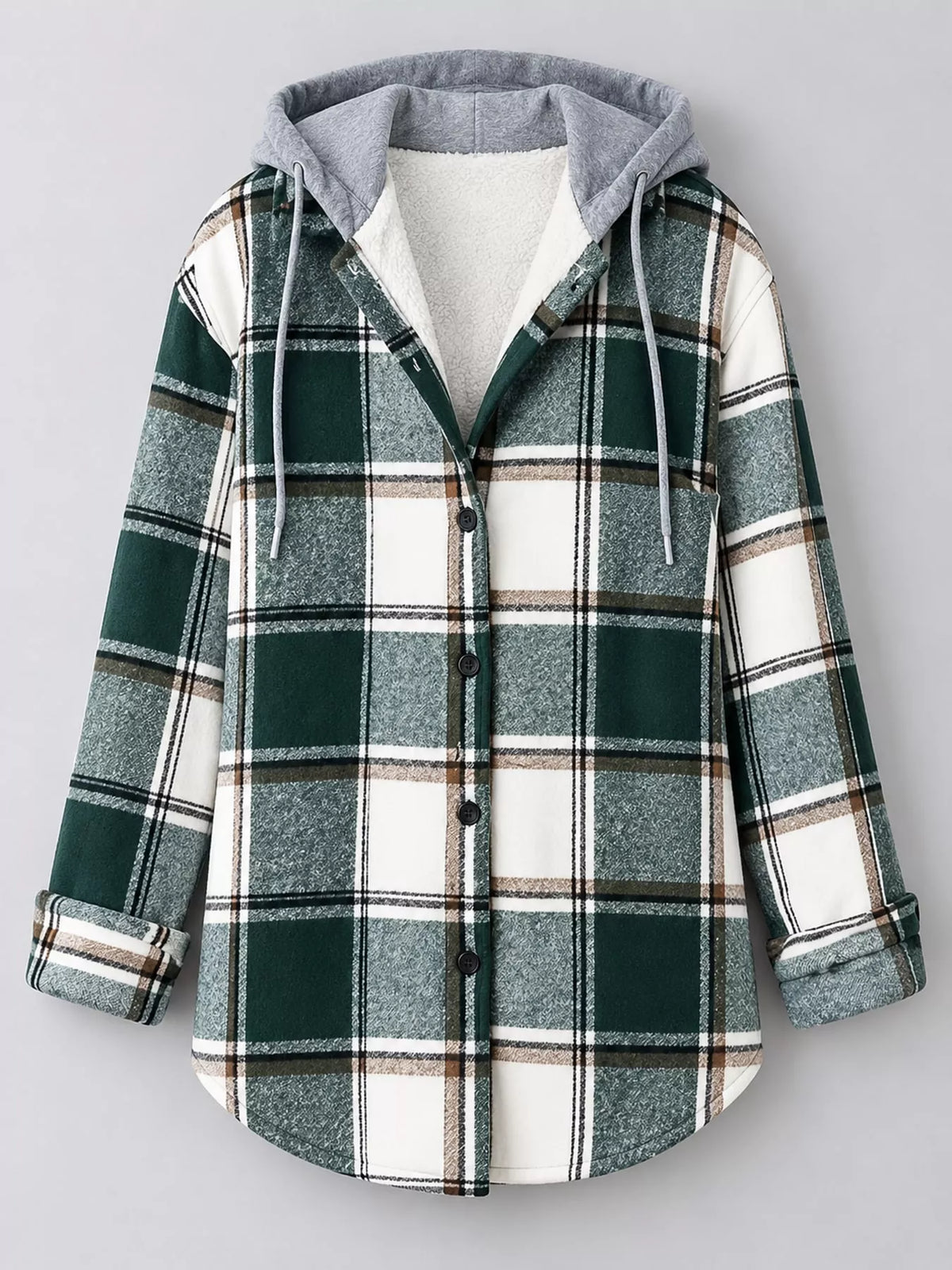 Button-Down Printed Contrast Hooded Shacket — garment front